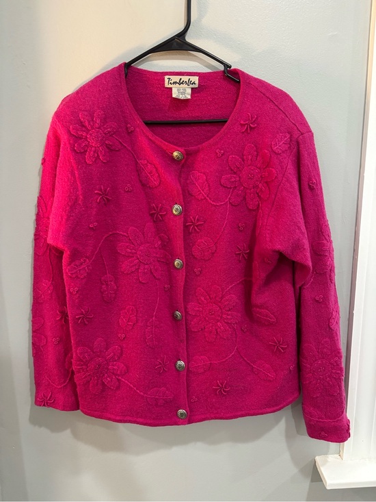 Timberlea Sweaters - Timberlea Wool Bright Pink Embroidered Button Cardigan Sweater Large Vintage